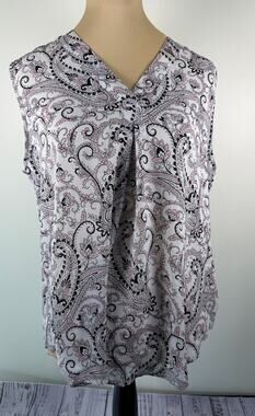 Emaline Womens Sleeveless Split V-Neck Blouse M White Pink Black Paisley Print